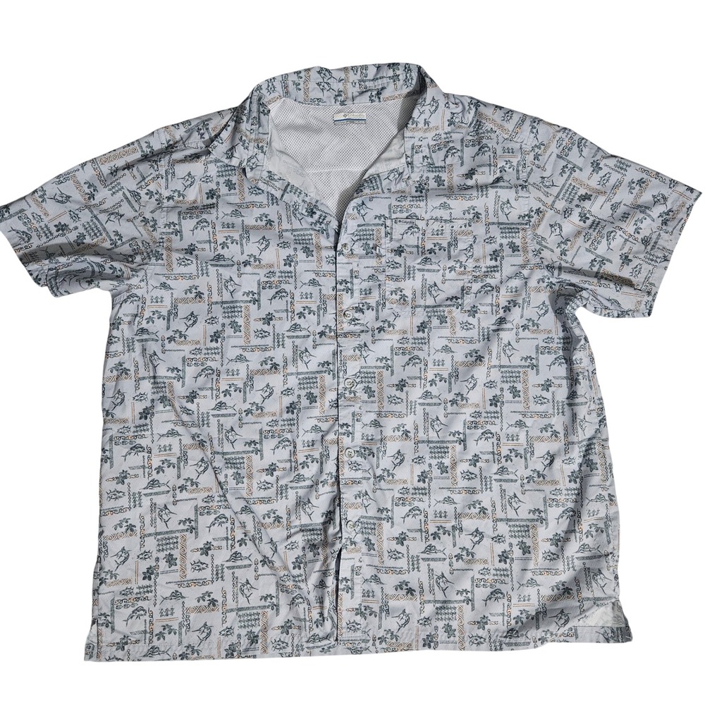 Columbia PFG Fishing Shirt Mens XXL Blue Marlin Floral Short Sleeve Button Down